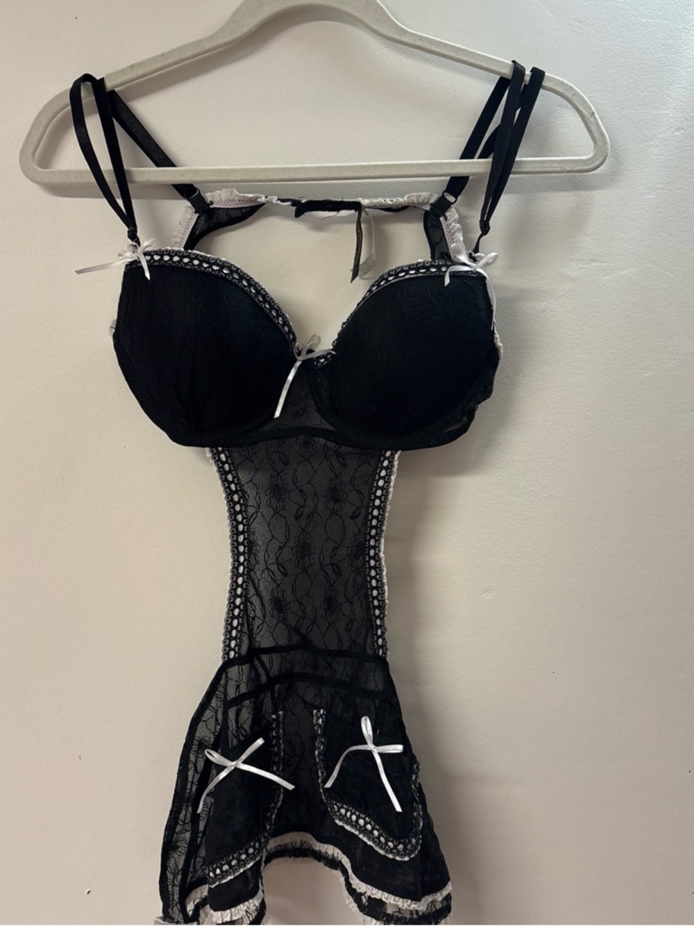 Black Lace Chemise with White Ribbon Accents